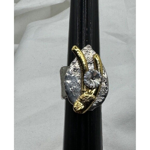 Vintage J. Jansen Gold Silver Tone Hammered Crystal Cocktail Ring Size 6.5 - Picture 4 of 12
